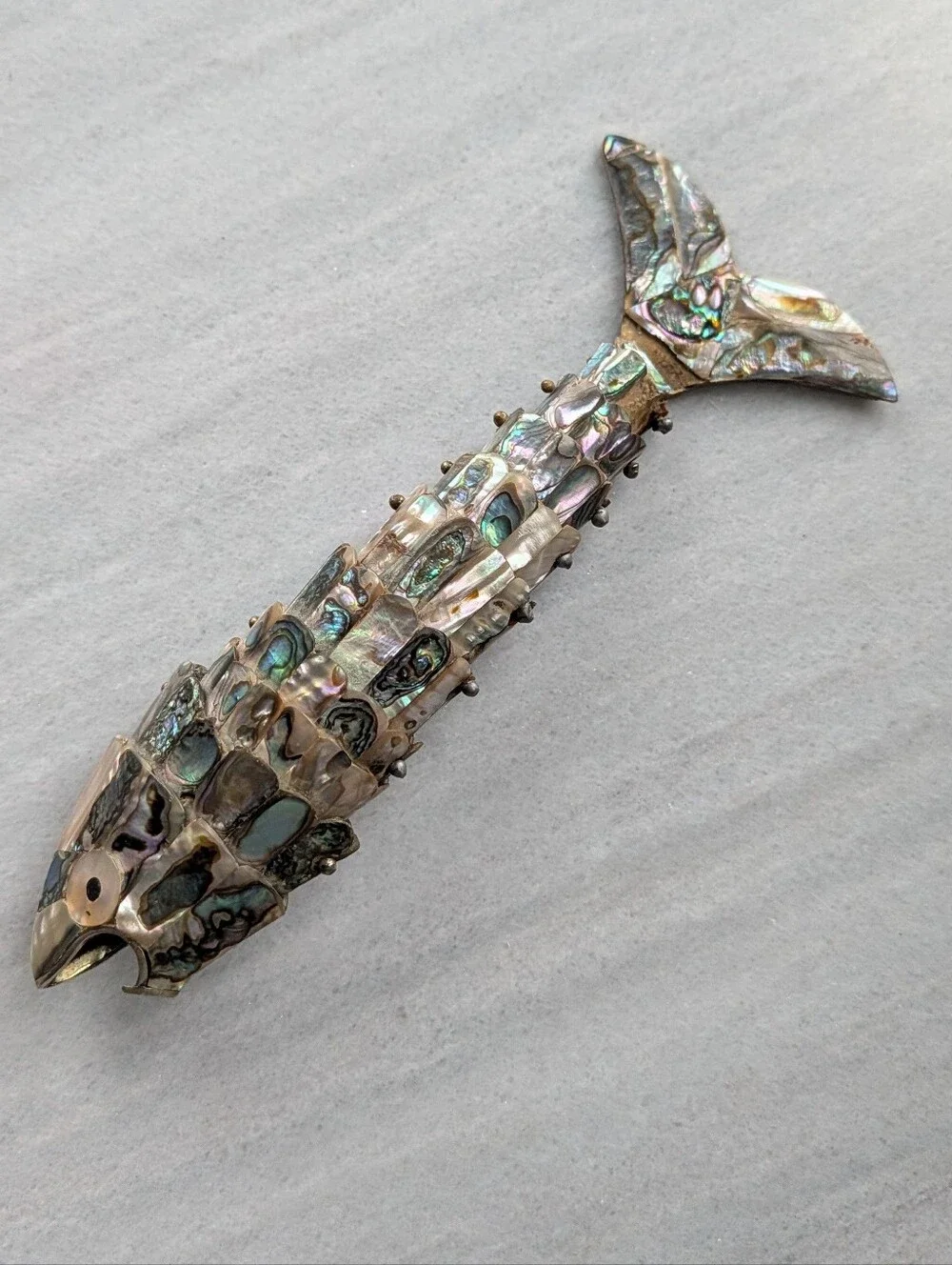 vintage ABALONE SHELL articulated fish bottle opener
